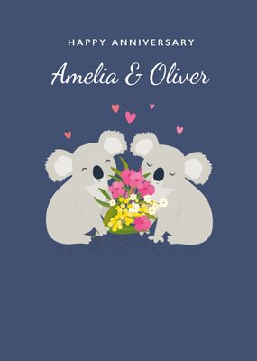 Cute Illustration Of A Pair Of Koalas With Flowers On A Blue Background Anniversary Card