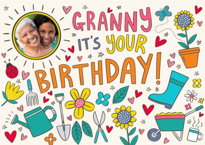 Illustrated Gardening Photo Upload Granny Birthday Card