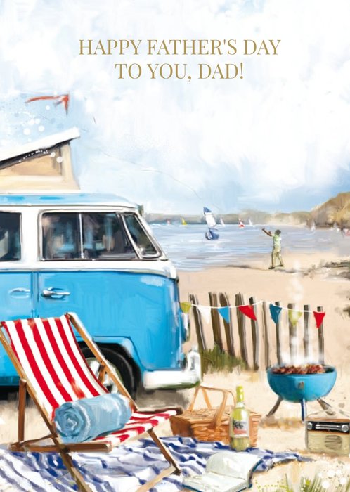 Traditional illustration painting Summertime Beach Barbeque personalised Dad Father's Day Card