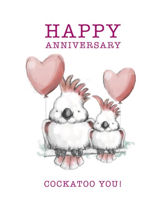 Illustration Of A Pair Of Cockatoos With Heart Shaped balloons Anniversary Card