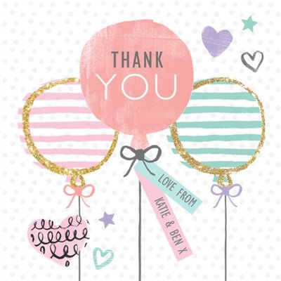 Striped Balloons And Pink Balloon Personalised Thank You Card