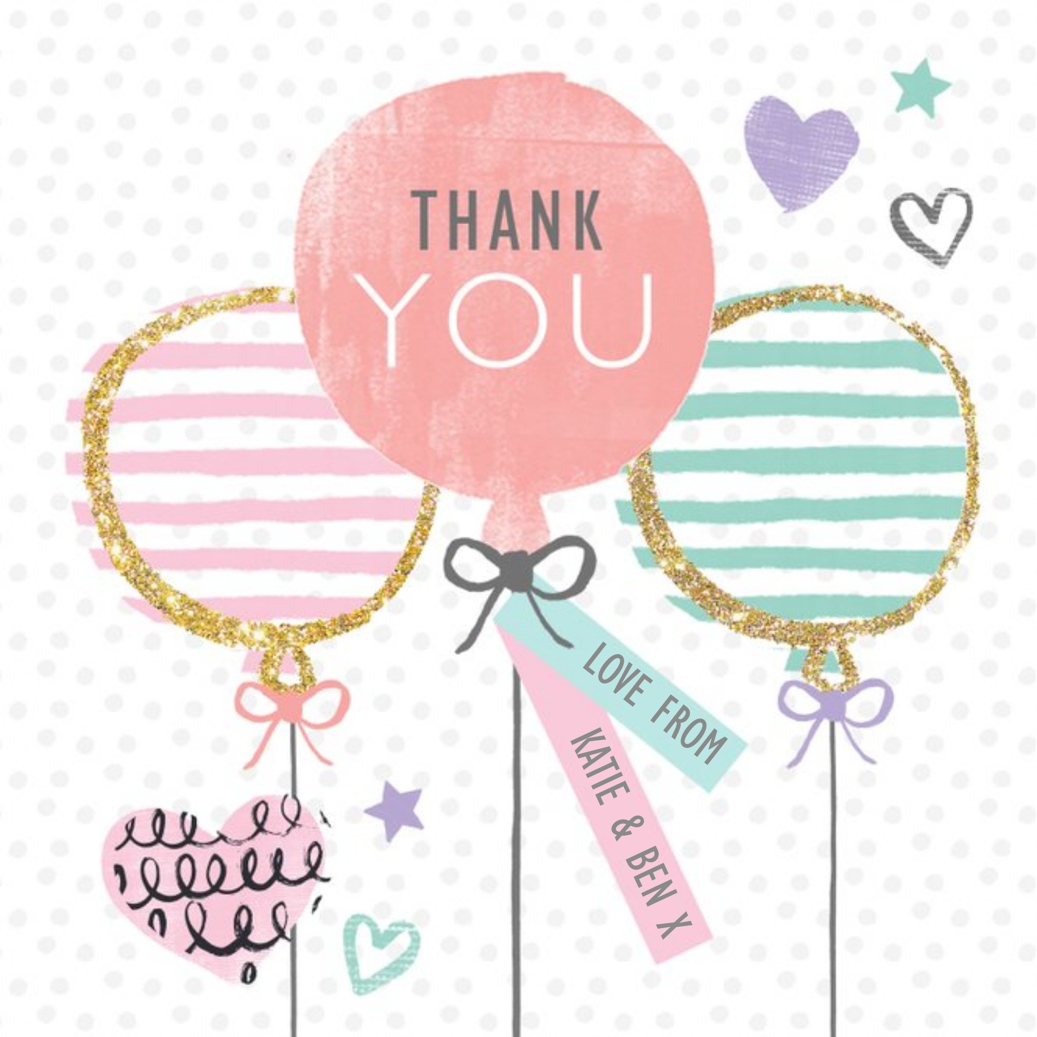 Striped Balloons And Pink Balloon Personalised Thank You Card, Square