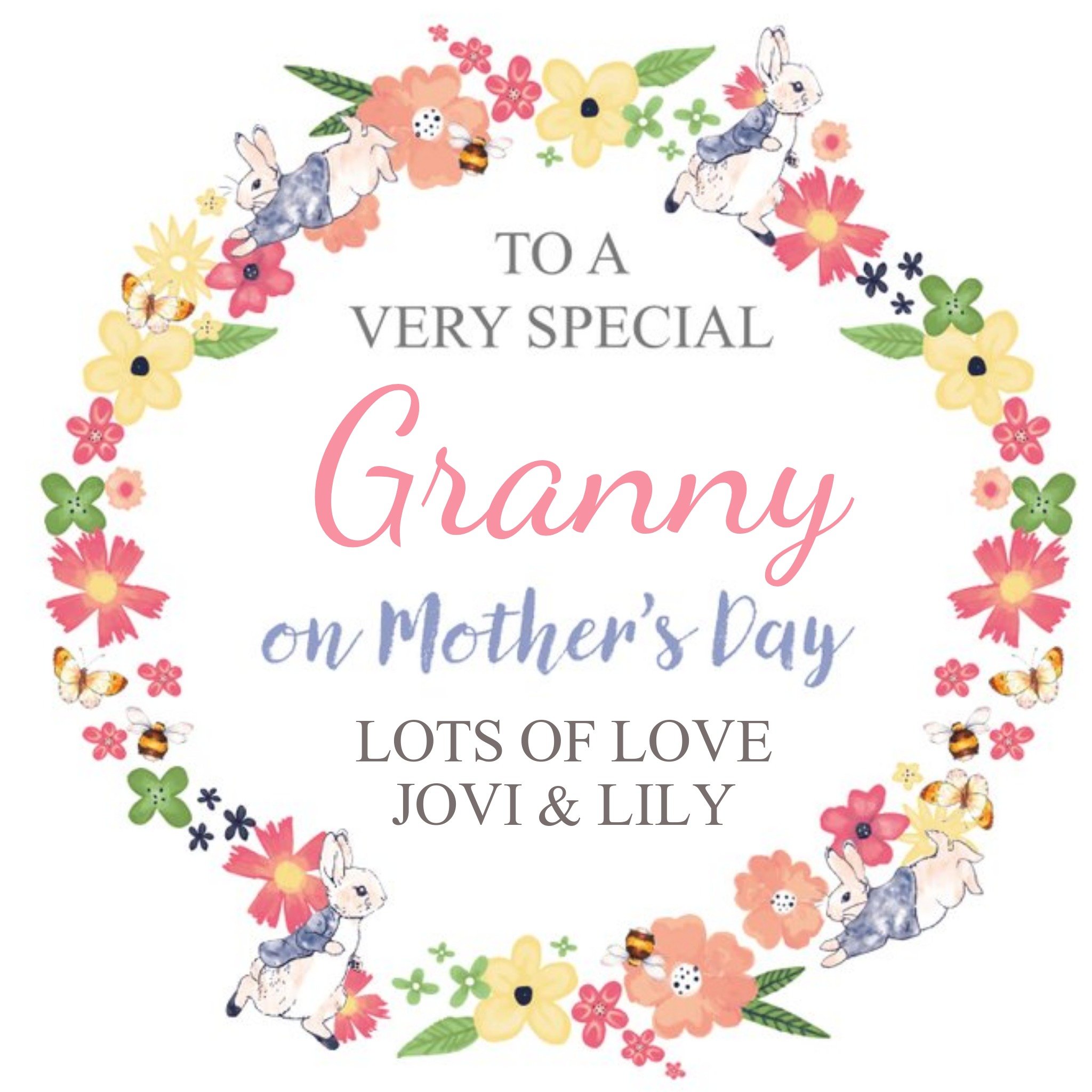 Peter Rabbit Floral To A Very Special Grandma On Mothers Day Card, Square