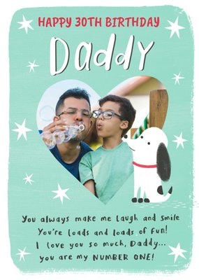 Illustration Of A Dog Next To A Heart Shaped Photo Frame Dad's Thirtieth Photo Upload Birthday Card