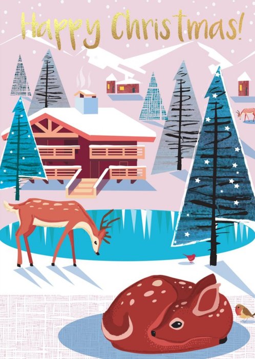 Cute Illustrative Winter Landscape Deer Christmas Card