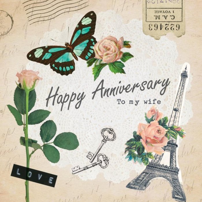 Vintage Paris And Roses Anniversary Card For Wife