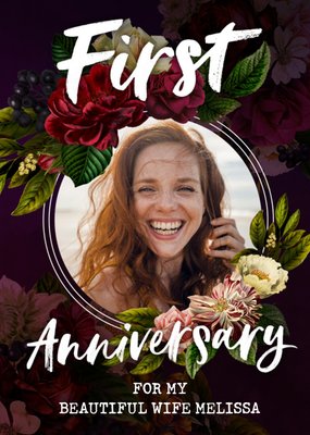 Belles Fleurs Floral Photo Upload Wife First Anniversary Card