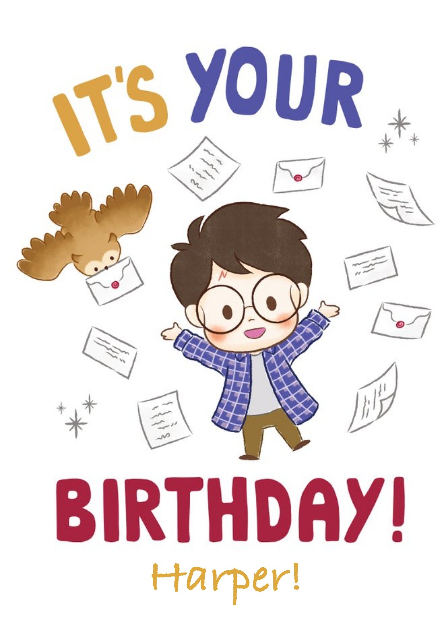 Illustrated Cartoon Harry Potter Birthday Card, Large