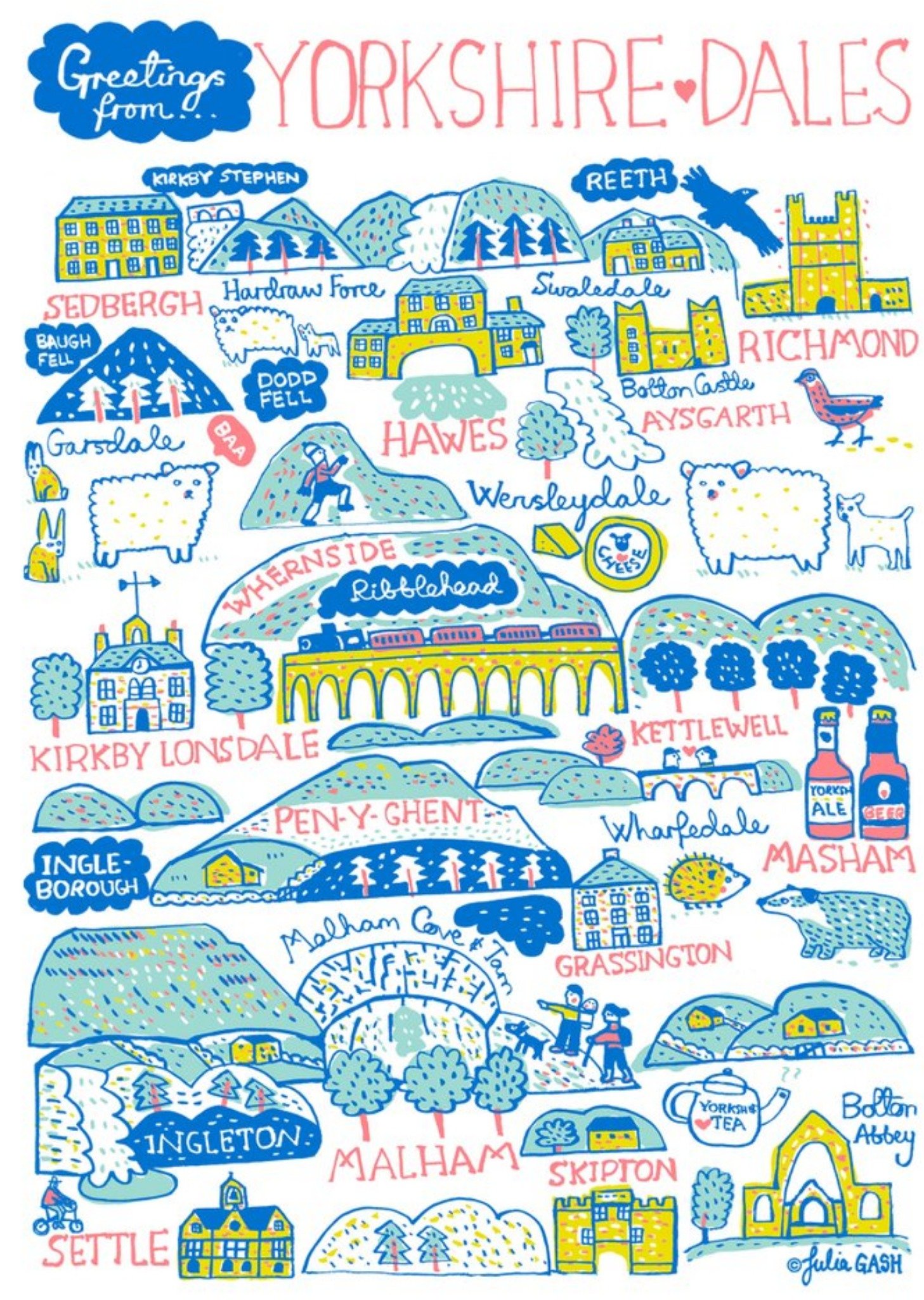 Illustrated Scenic Map Greetings From Yorkshire Dales Card Ecard