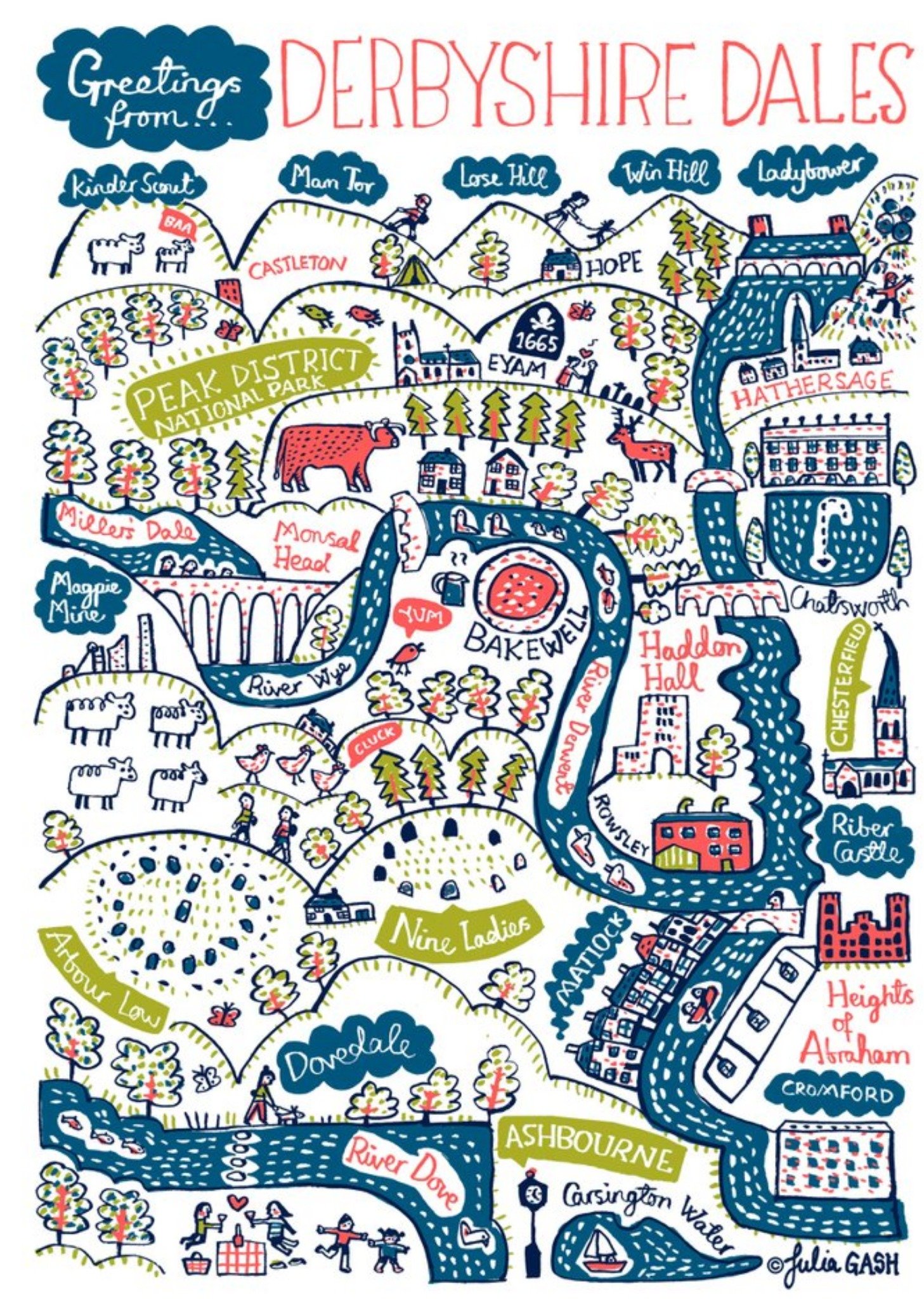 Illustrated Scenic Map Greetings From Derbyshire Dales Card Ecard