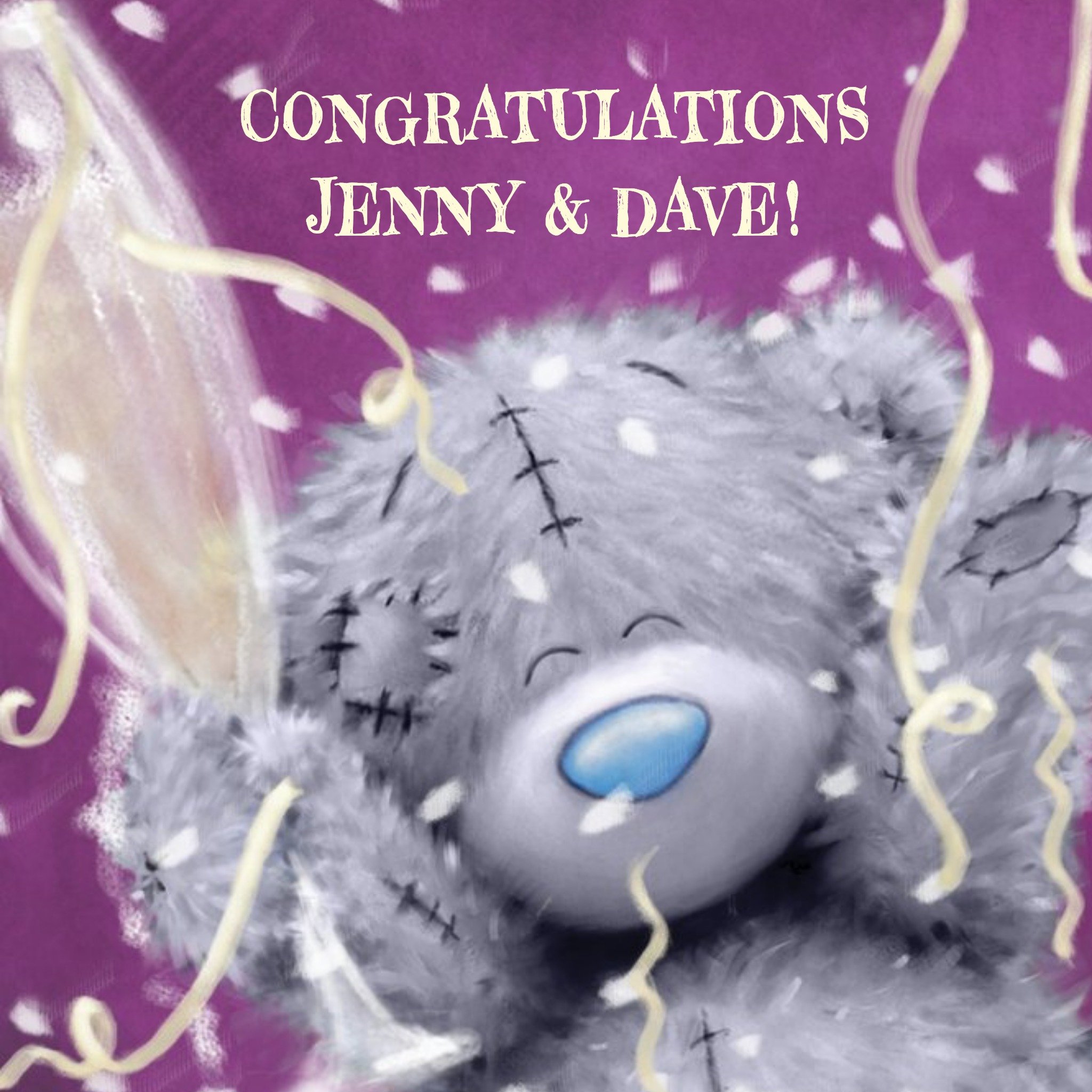 Me To You Tatty Teddy Purple Streamers Personalised Congratulations Card, Square