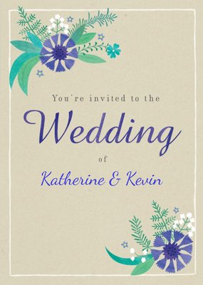 Blue Leafy Flowers Wedding Invitation