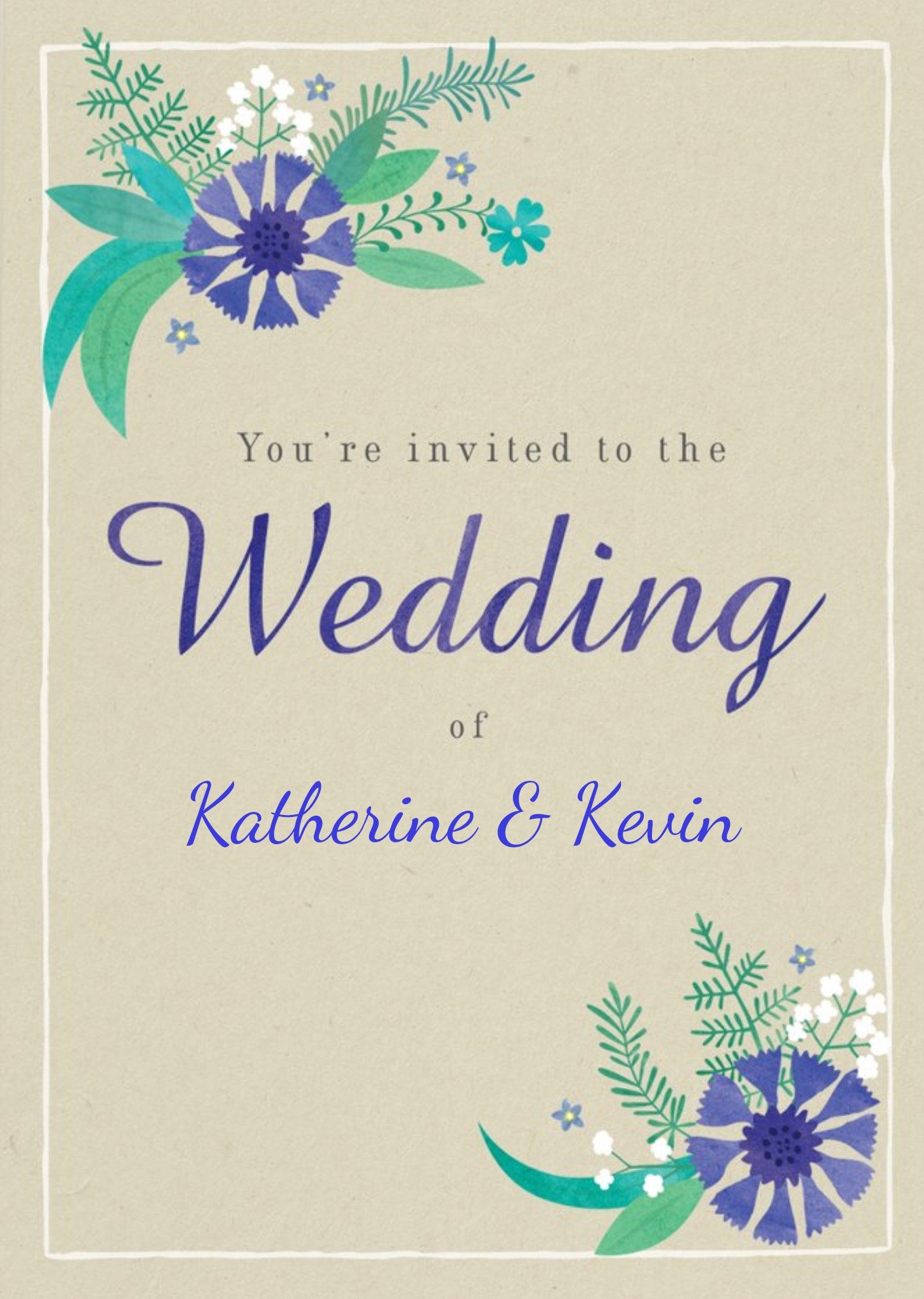 Moonpig Blue Leafy Flowers Wedding Invitation, Standard Card