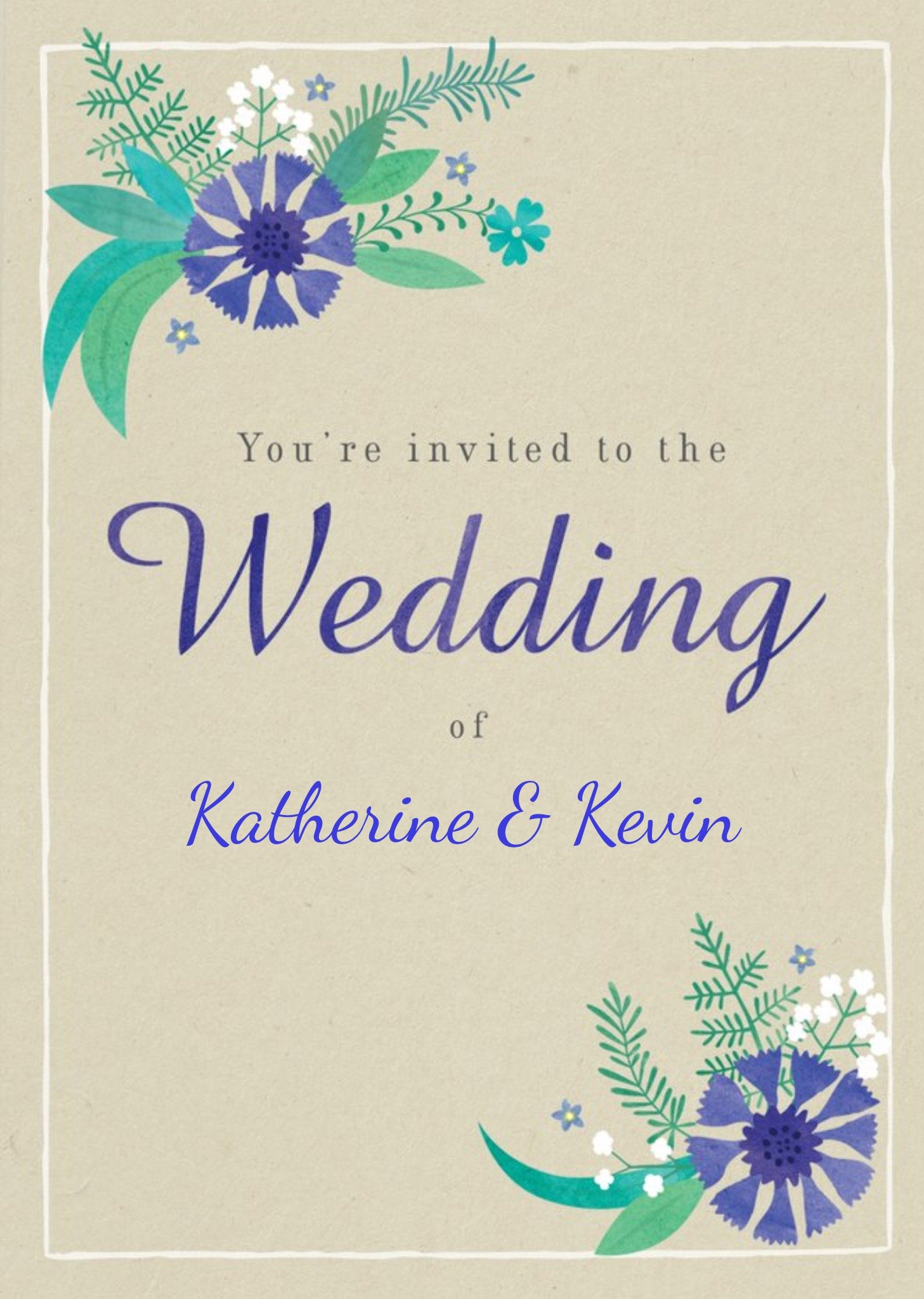 Blue Leafy Flowers Wedding Invitation Ecard