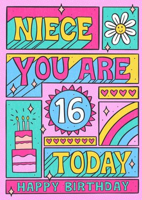 Fun Illustration Typographic Happy Birthday Niece You Are 16 Today Birthday Card