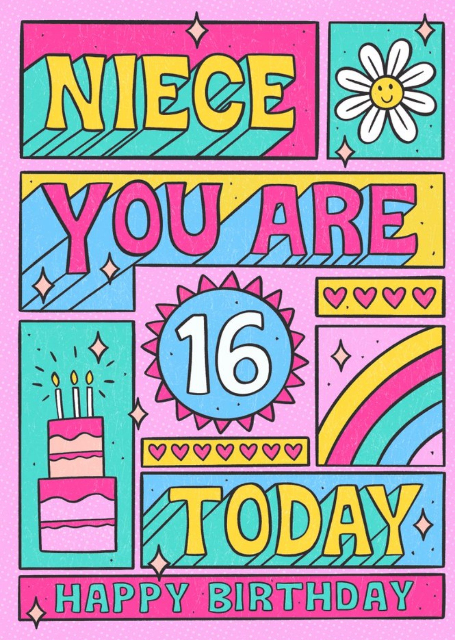 Moonpig Fun Illustration Typographic Happy Birthday Niece You Are 16 Today Birthday Card, Large