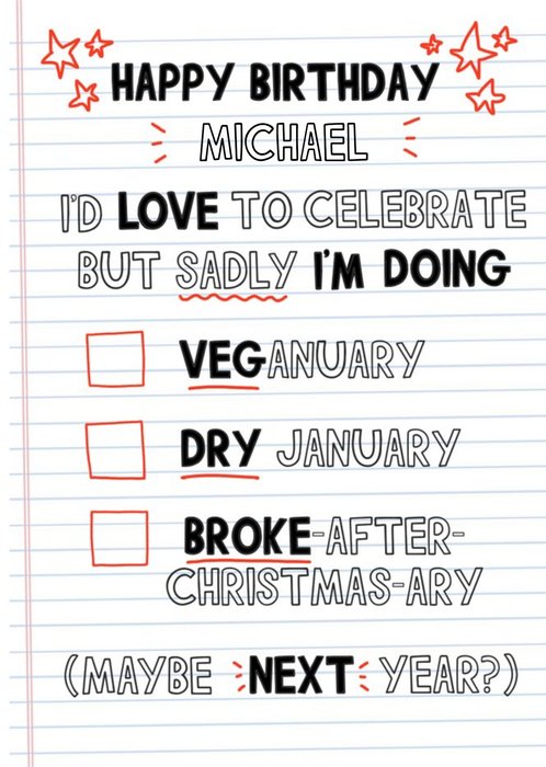 Funny Broke January Checklist Birthday Card
