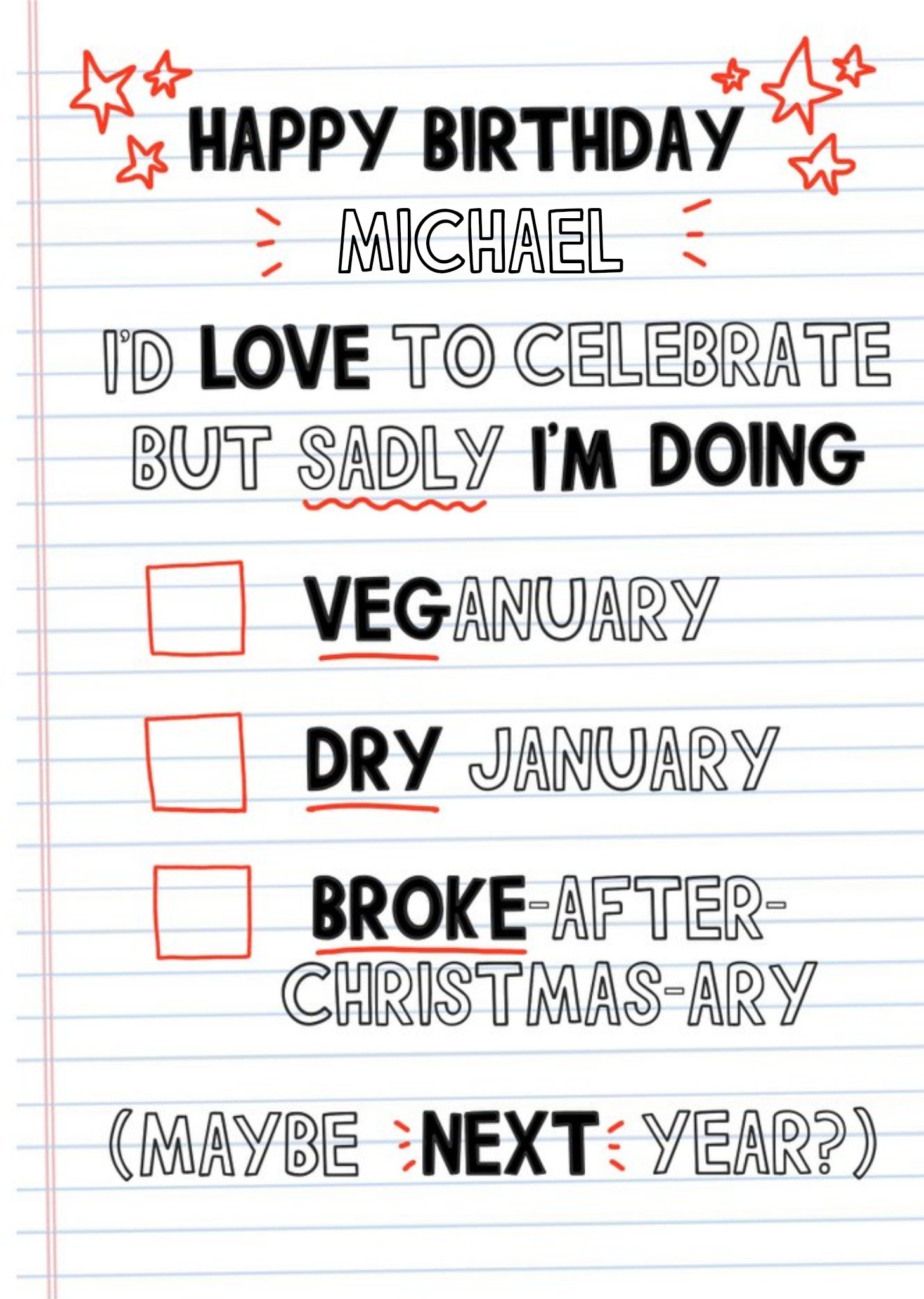 Moonpig Funny Broke January Checklist Birthday Card Ecard