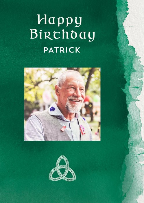 Pigment Green Watercolour Photo Upload Celtic Happy Birthday Birthday Card