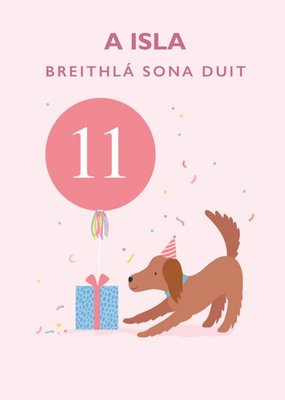 Klara Hawkins Cute Illustrated Pink Party Dog 11th Birthday Card