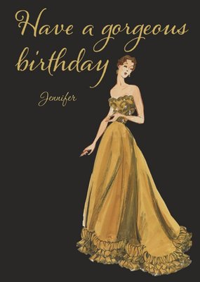 V And A Vintage Fashion Illustration Gorgeous Gold Birthday Card