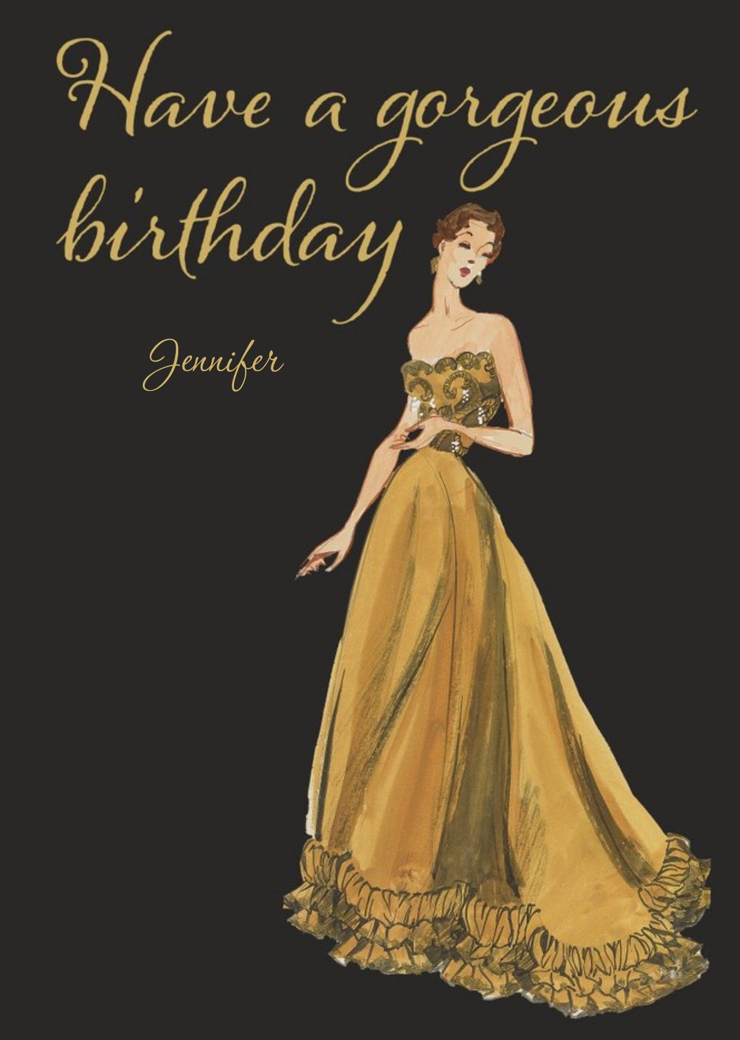 The V&a V And A Vintage Fashion Illustration Gorgeous Gold Birthday Card Ecard