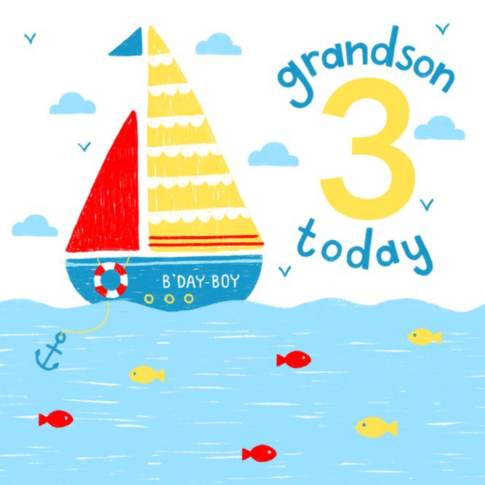 Moonpig Cute Illustration Sailing Boat Grandson 3 Today Birthday Card, Square