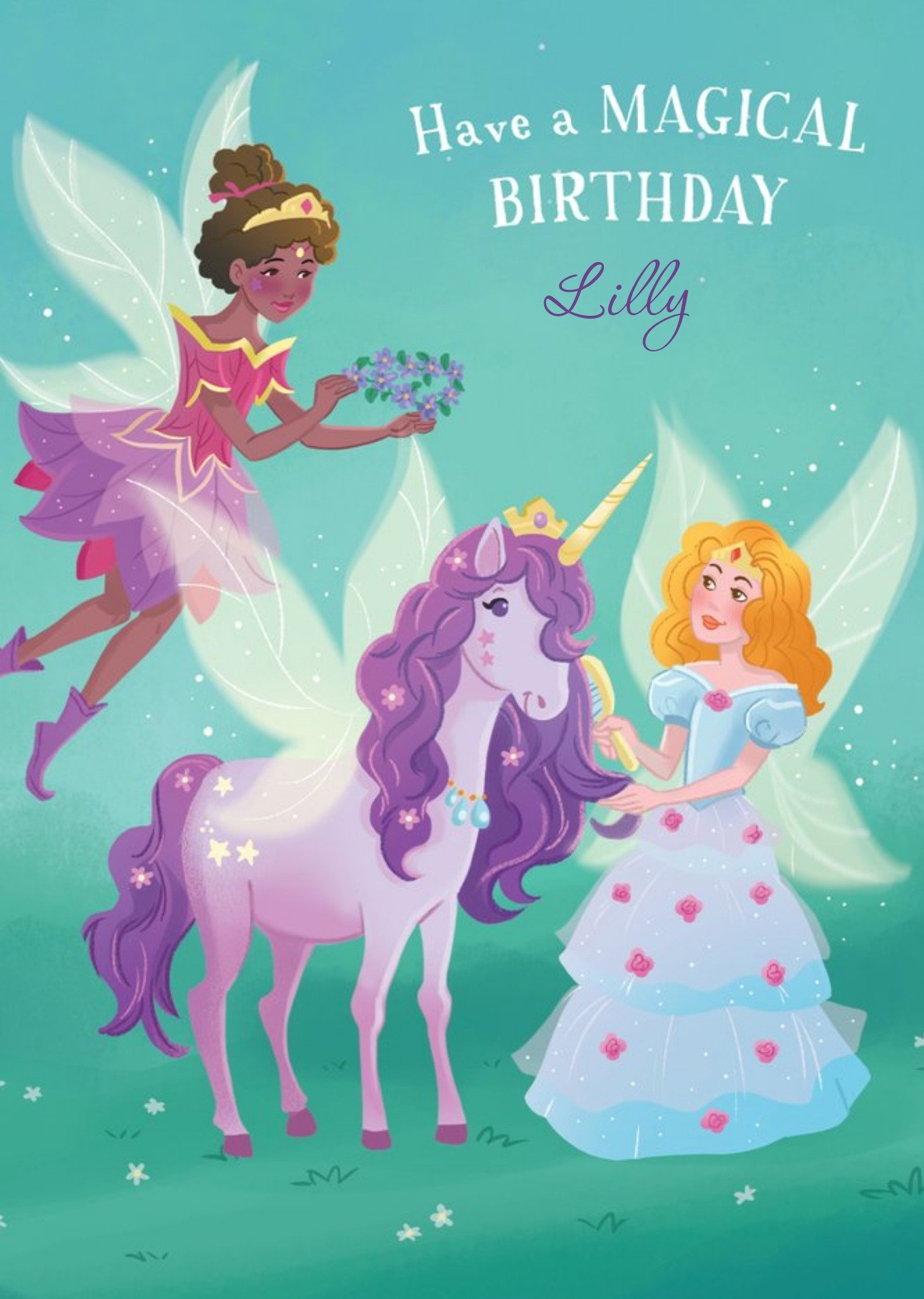 Moonpig Illustrative Magical Unicorn And Fairies Birthday Card , Large