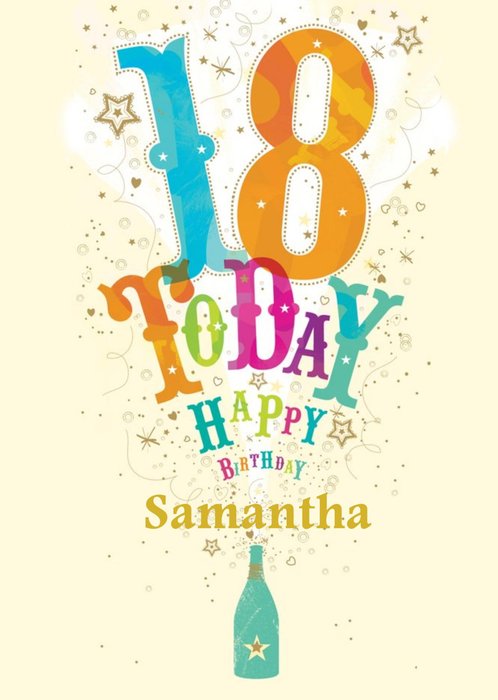 Colourful Letters Popping Bottle Personalised Happy 18th Birthday Card