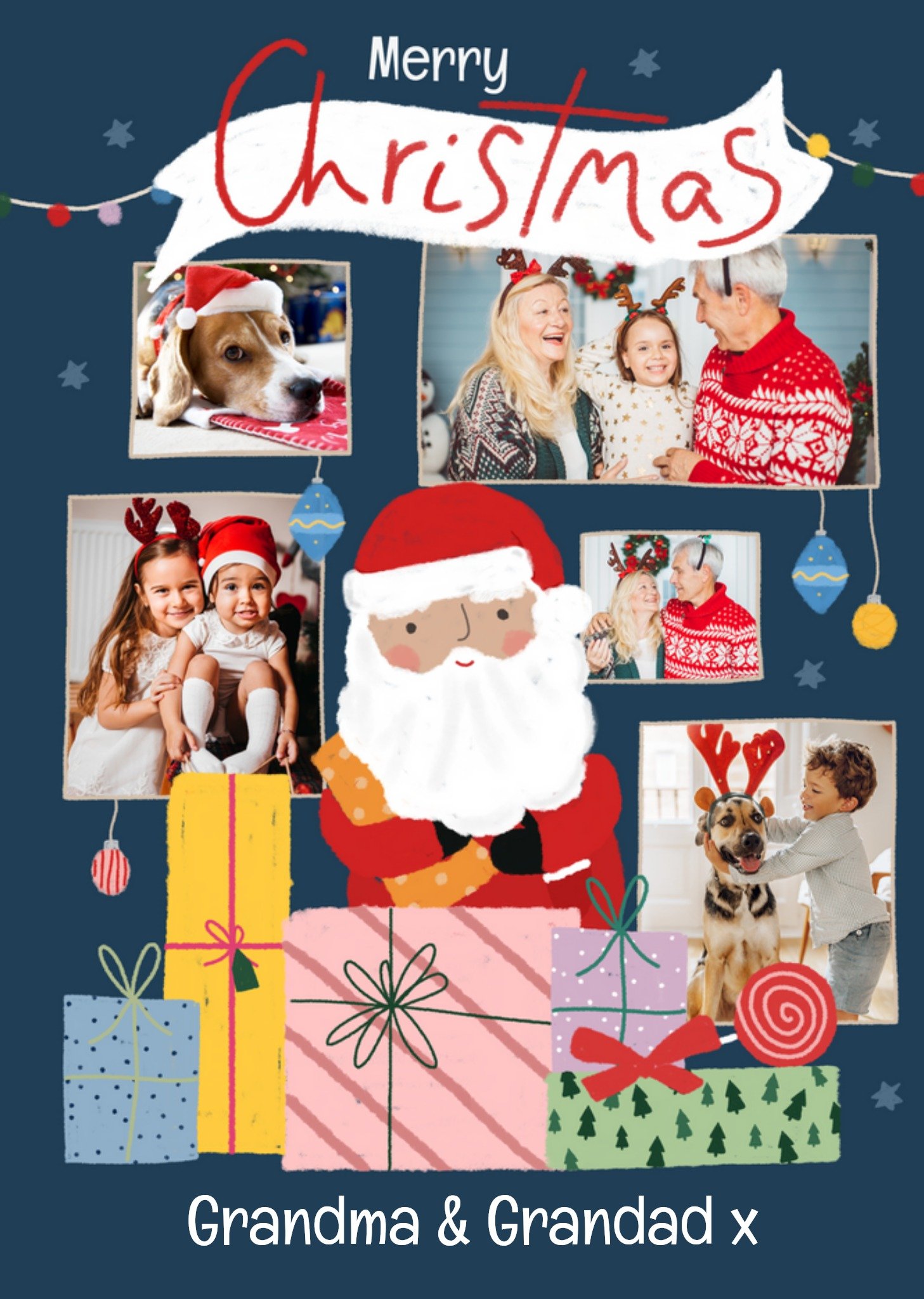 Moonpig Cute Santa Claus With Presents And Baubles Photo Upload Christmas Card Ecard