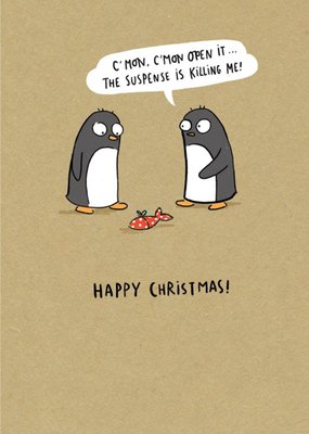 Penguins Opening Christmas Present Suspense Happy Christmas Card