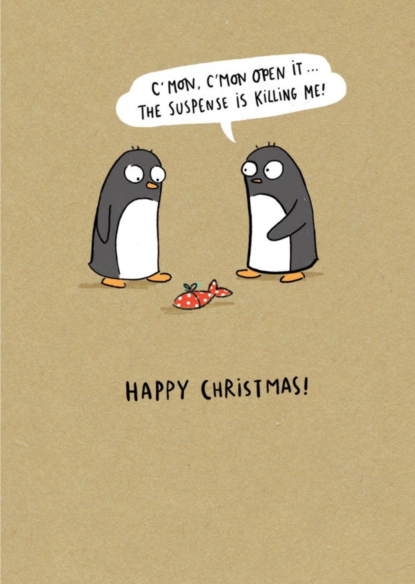 Moonpig Penguins Opening Christmas Present Suspense Happy Christmas Card Ecard