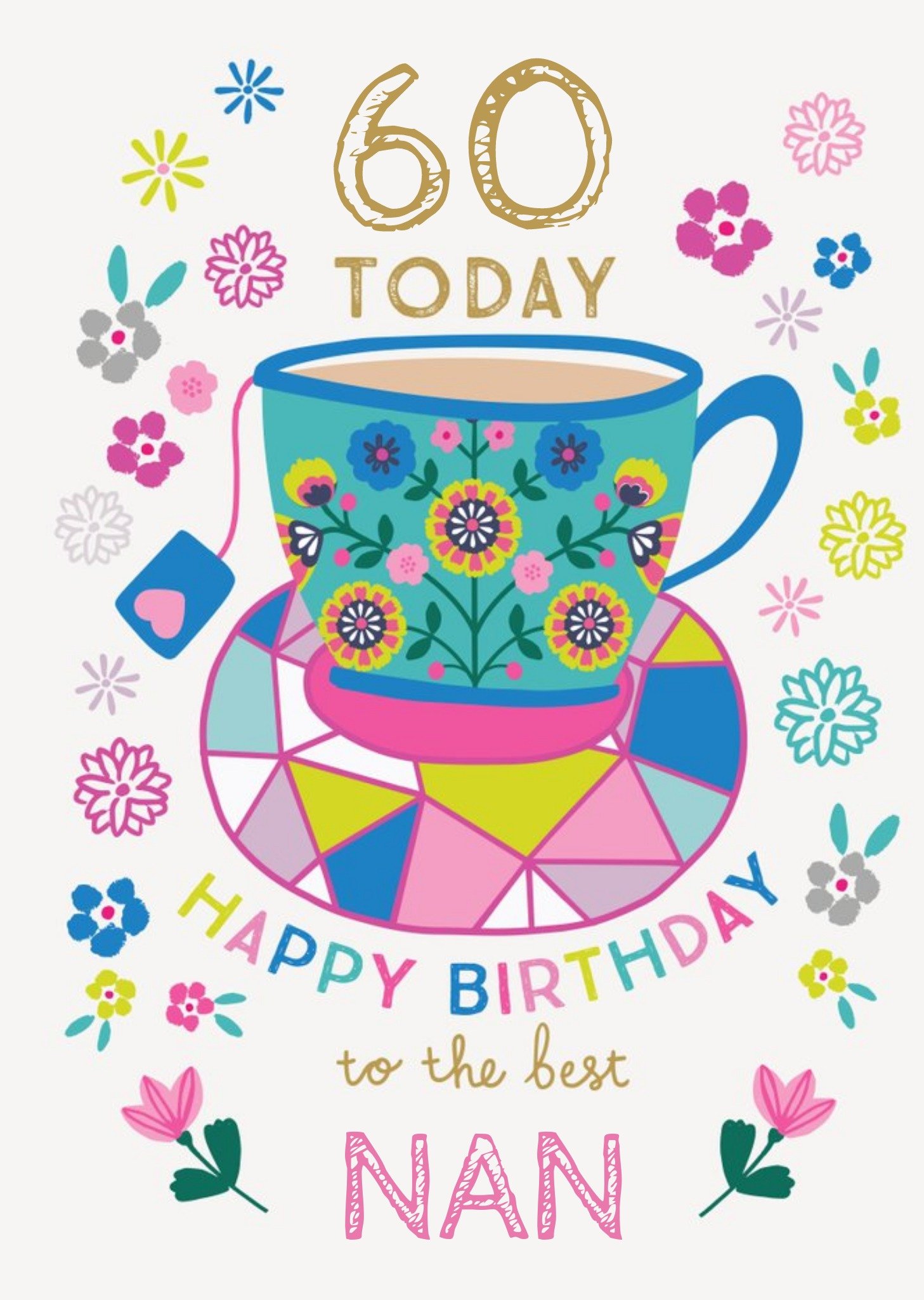 Moonpig Bright Floral Tea Cup Best Nan 60th Birthday Card, Large