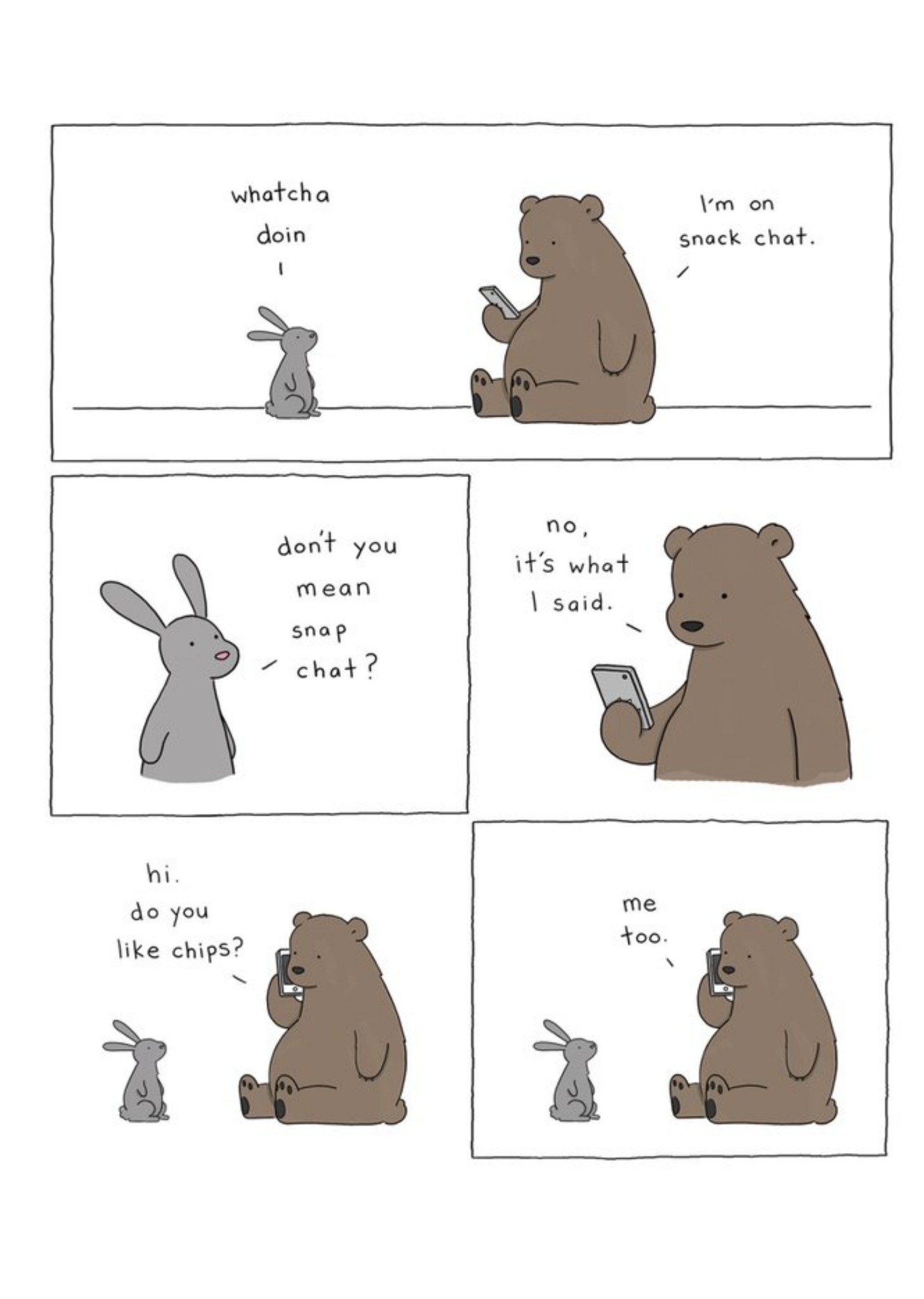 Modern Funny Illustration Bear And Rabbit Snack Chat Card Ecard