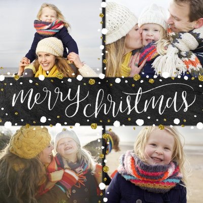 Black, White And Gold 4 Family Photo Upload Merry Christmas Card
