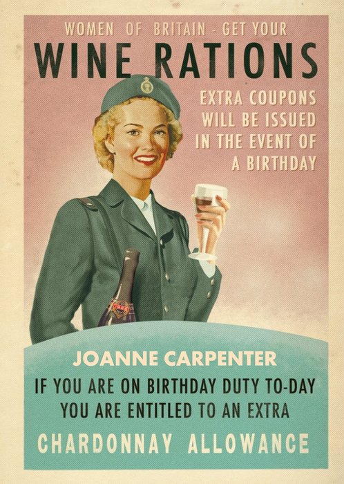 Retro Women Of Britain Get Your Wine Rations Personalised Birthday Card