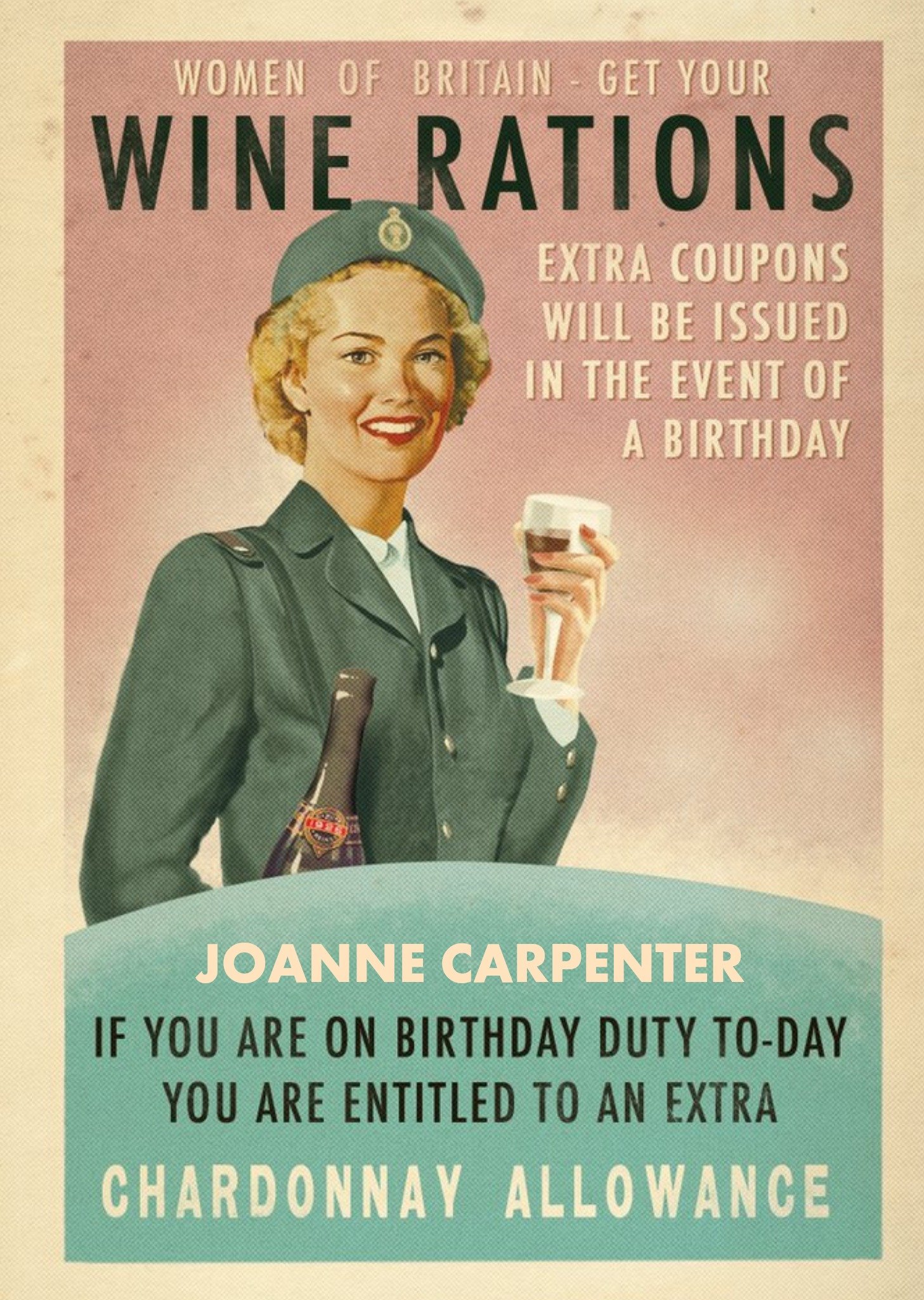 Moonpig Retro Women Of Britain Get Your Wine Rations Personalised Birthday Card, Large