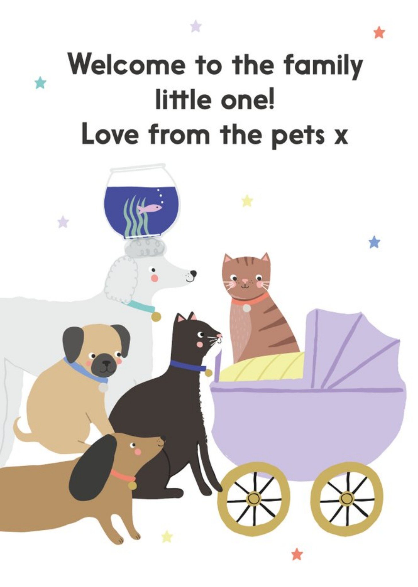 Moonpig Illustrated Cute New Baby Welcome To The Family From The Pets Card X Ecard