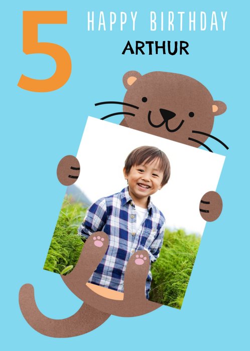 Cute Simple Illustration Of An Otter Happy 5th Birthday Photo Upload Card