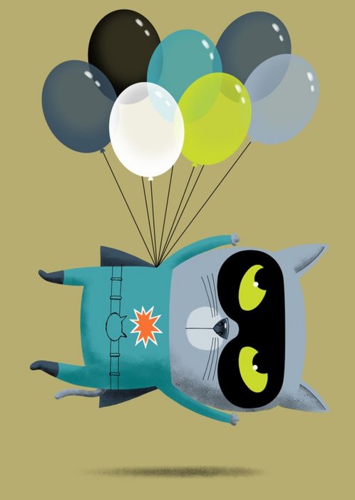 Modern Cute Illustration Superhero Cat Flying With Balloons Birthday Card