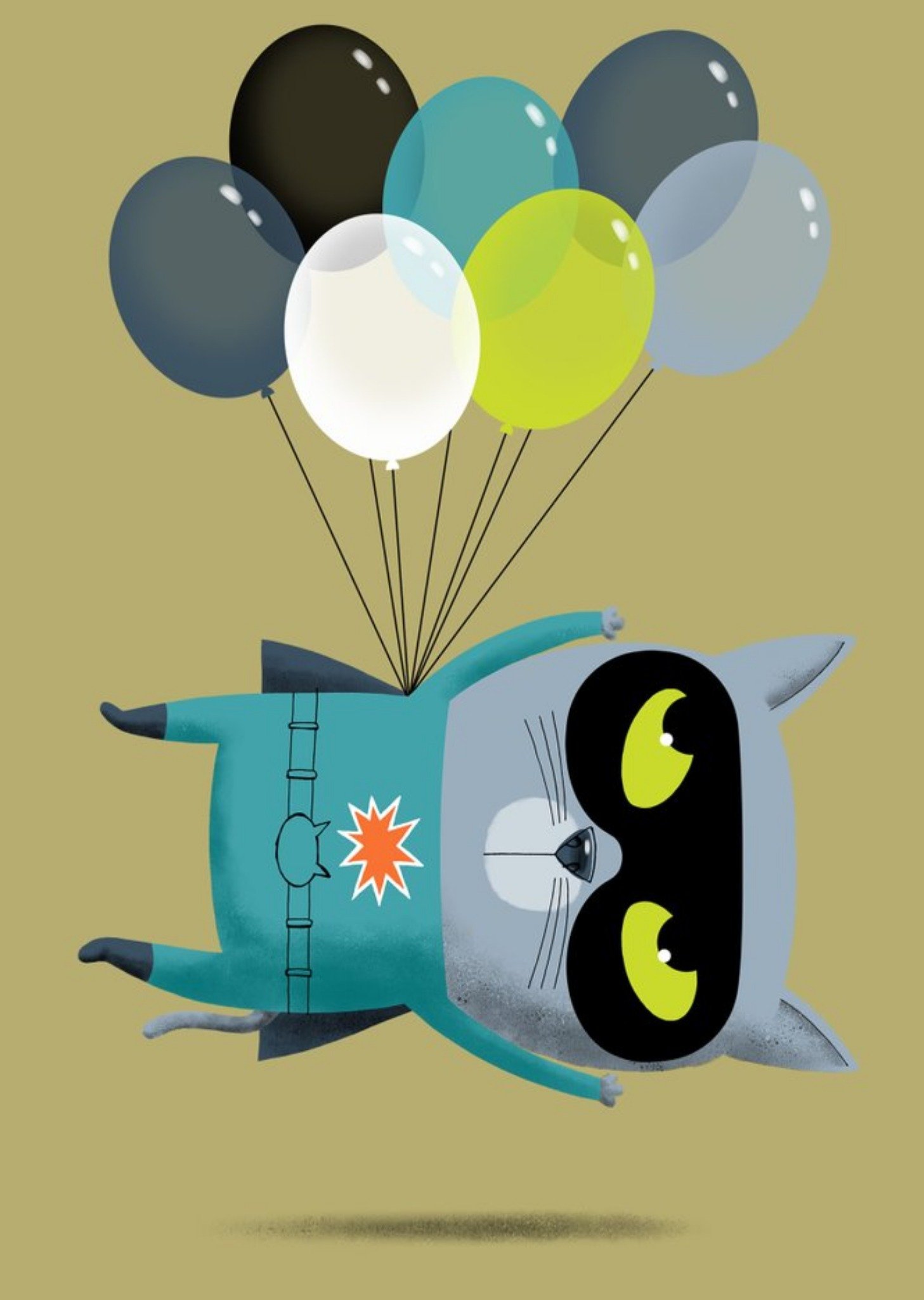 Modern Cute Illustration Superhero Cat Flying With Balloons Birthday Card Ecard