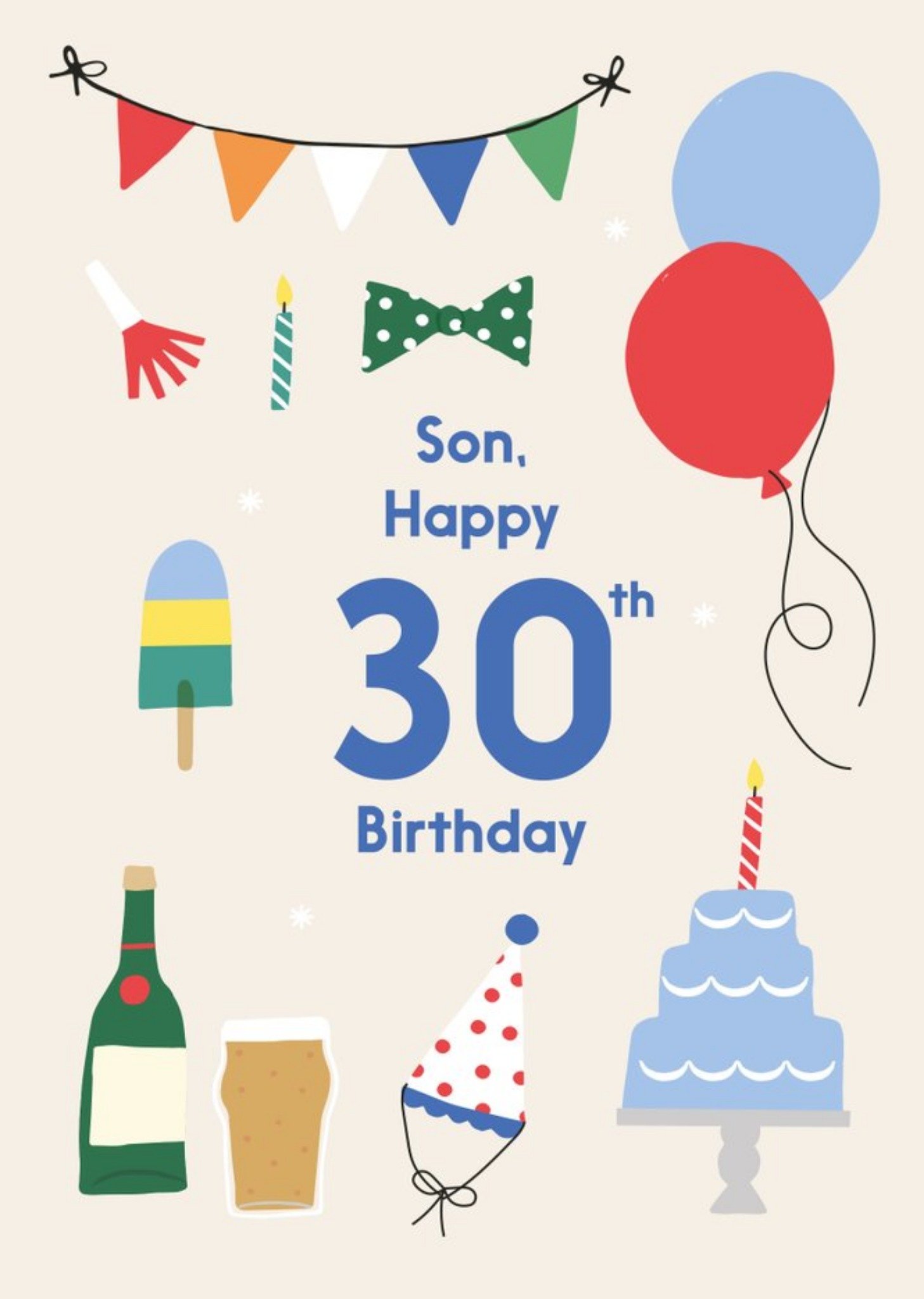 Illustrated Cute Party Balloons Son Happy 30th Birthday Card Ecard