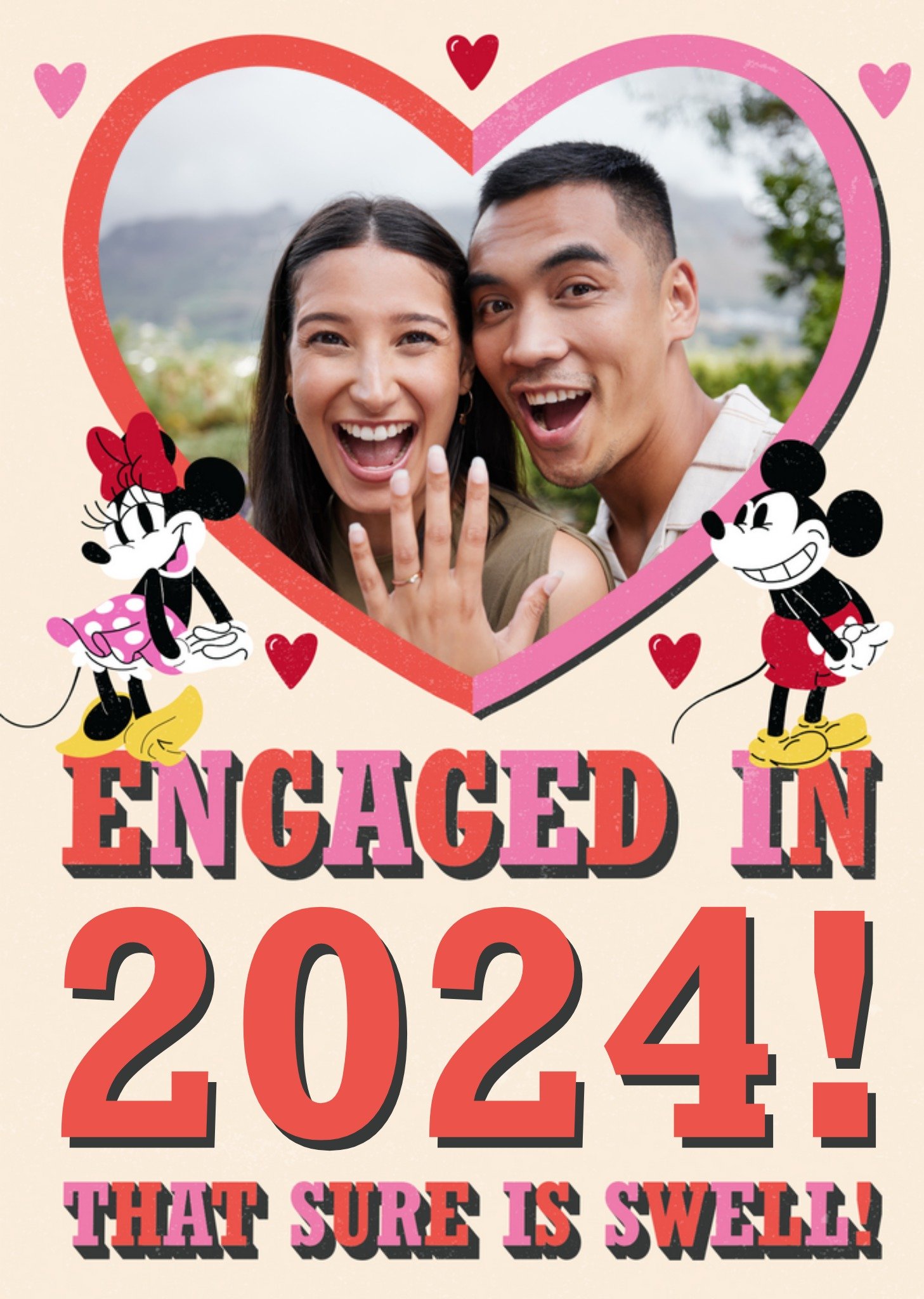 Retro Traditional Disney Mickey And Minnie Mouse Photo Upload Engagement Card, Large