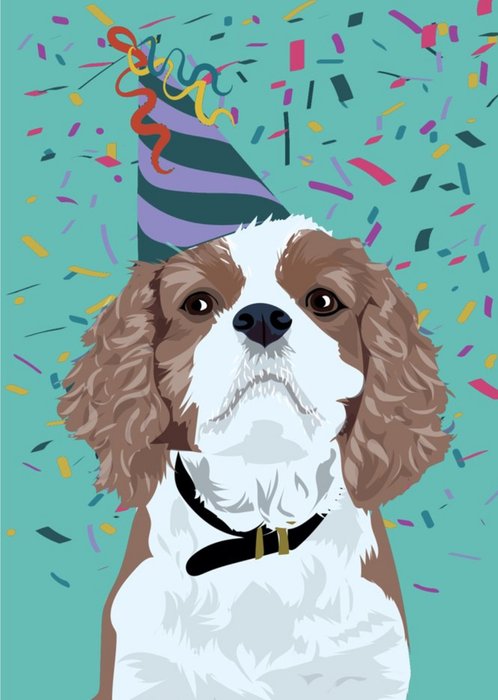 Illustrated Party Hat Confetti King Charles Spaniel Card