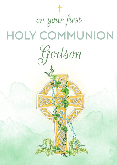 Gold Cross Holy Communion Green Godson Card