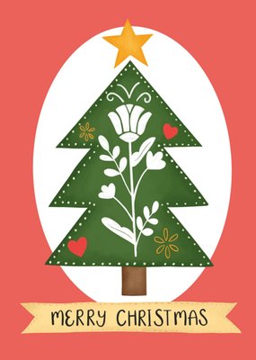 Festive Illustrated Chirstmas Tree With Flower Silhouette Christmas Card