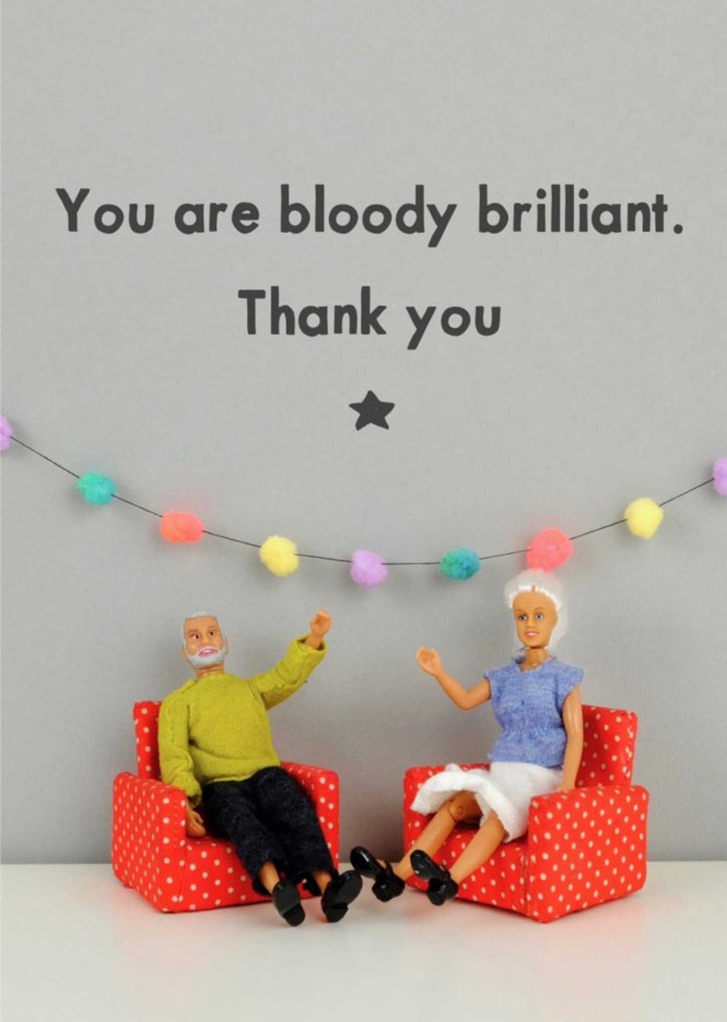 Bold And Bright Funny Photograph Of A Female And Male Doll Sitting In Armchairs Thank You Card Ecard