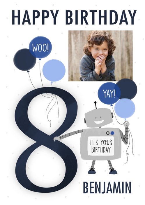 Illustrated Photo Upload Robot Ballons 8th Birthday Card