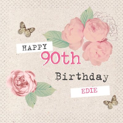 Vintage Roses And Fluttering Butterflies Happy 90th Birthday Card