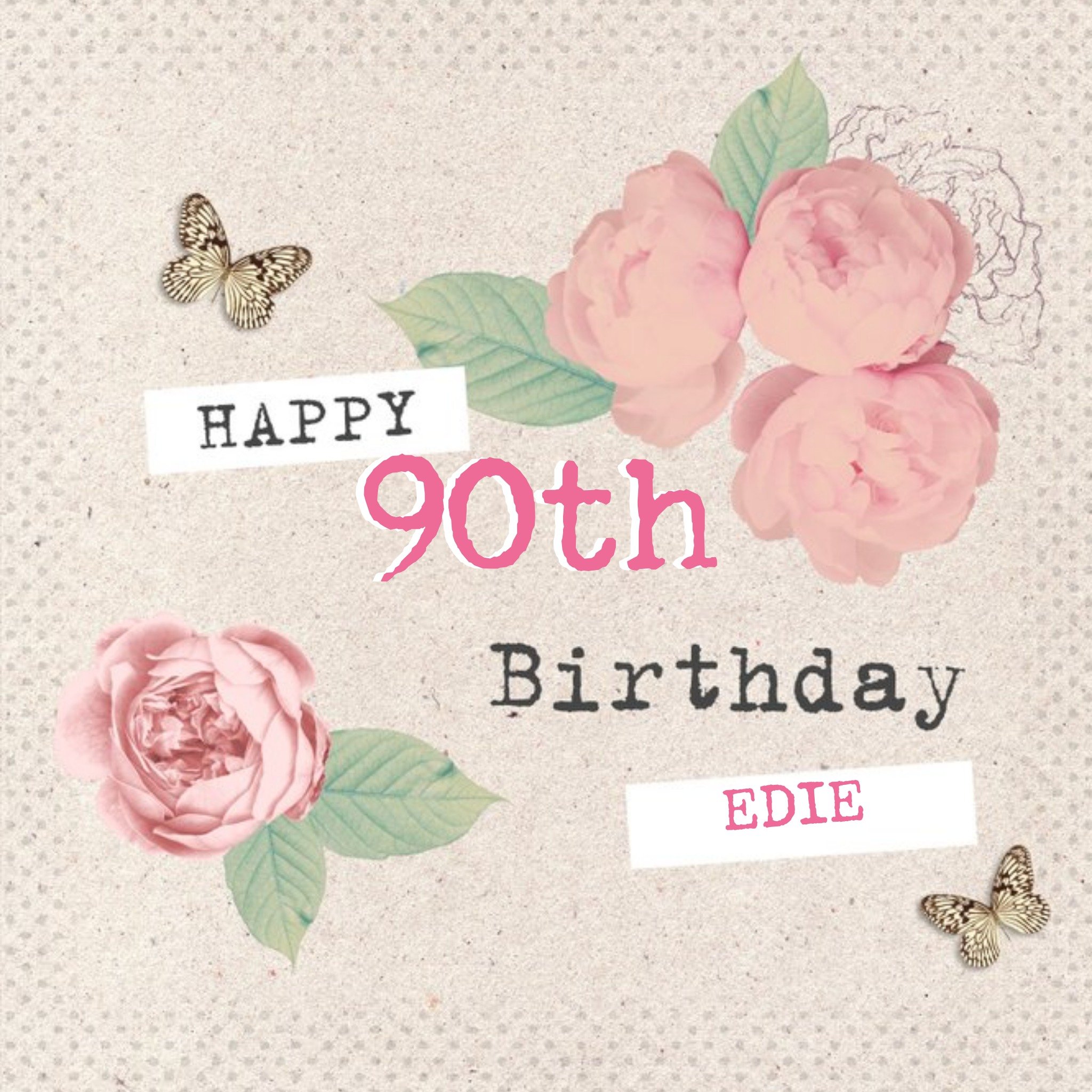 Vintage Roses And Fluttering Butterflies Happy 90th Birthday Card, Square